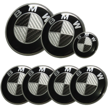 Afauto 7pcs BMW Black-Silver Carbon Fiber Style Emblem Logo Badge Set 73-82mm